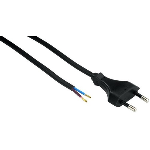 1,5 meter strömkabel, 250V - IP20 inomhus, Svart, Eurokontakt och skalade ledningar, 2,5A