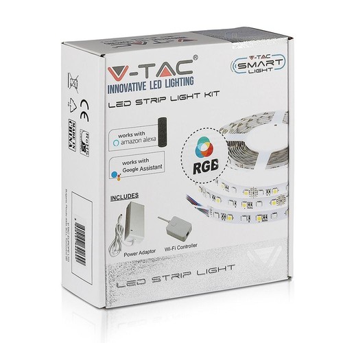 V-Tac 10W/m RGB LED strip komplett kit - 5m, 60 LED per. meter, Smarta Home /u fjärrkontroll