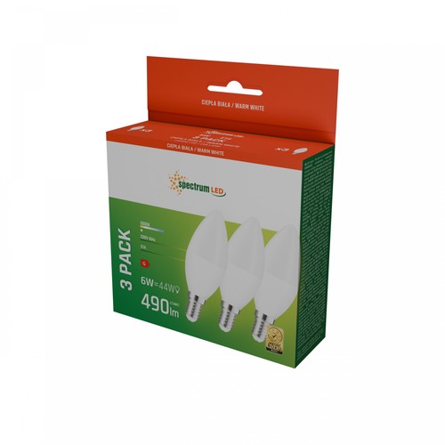 C37 LED E14 6W - 230V, Varm Vit, Spectrum, 3-pack