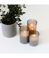 LED Blockljus set i rökfärgat glas Ø7,5cm, 3 st, flameffekt - Inkl. fjärrkontroll och timer, 10/12,5/15cm hög, äkta stearin