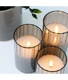 LED Blockljus set i rökfärgat glas Ø7,5cm, 3 st, flameffekt - Inkl. fjärrkontroll och timer, 10/12,5/15cm hög, äkta stearin