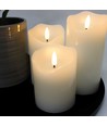 Set med 3 st. LED-blockljus - flameffekt, vit - Ø7,5cm, 10/12,5/15cm hög, fungerar m. fjärrkontroll, timer, äkta stearin
