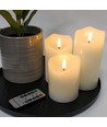 Set med 3 st. LED-blockljus - flameffekt, vit - Ø7,5cm, 10/12,5/15cm hög, fungerar m. fjärrkontroll, timer, äkta stearin