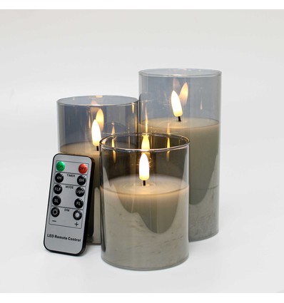 LED Blockljus set i gråtonat glas Ø7,5cm, 3 st, flameffekt - Inkl. fjärrkontroll och timer, 10/12,5/15cm hög, äkta stearin