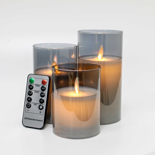 LED Blockljus set i rökfärgat glas Ø7,5cm, 3 st, fladdrande låga - Inkl. fjärrkontroll och timer, 10/12,5/15cm hög, äkta stearin