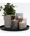 LED Blockljus set i rökfärgat glas Ø7,5cm, 3 st, flameffekt - Inkl. fjärrkontroll och timer, 10/12,5/15cm hög, äkta stearin