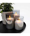 LED Blockljus set i rökfärgat glas Ø7,5cm, 3 st, flameffekt - Inkl. fjärrkontroll och timer, 10/12,5/15cm hög, äkta stearin