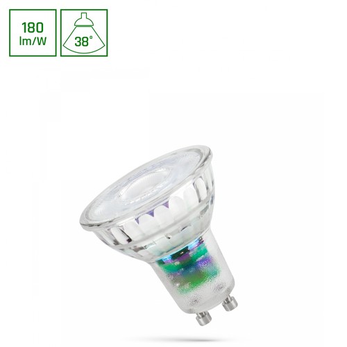 LED 2,5W GU10 - 230V, A-klass, Varm Vit Lins, 38°, Spectrum