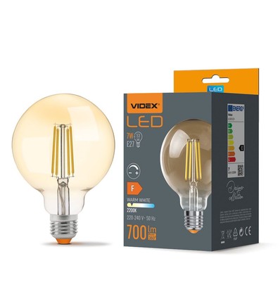 G95 LED-lampa 7W E27 - glödtråd, dimbar, bärnstensfärgad, extra varmvit, 230V, 700lm, förbrukning 7W
