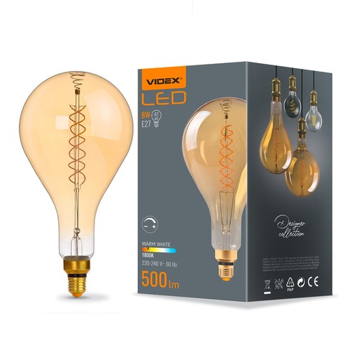 Ps160 LED-lampa 8W E27 - glödtråd, dimbar, spiral, bärnstenfärgad, extra varmvit, 230V, 500lm