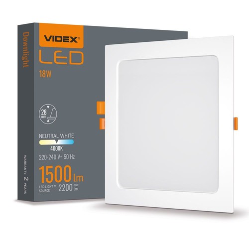 LED downlight 18W - fyrkantig, neutralvit, 230V, 2200lm, förbrukning 18W