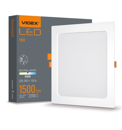 LED downlight 18W - fyrkantig, neutralvit, 230V, 2200lm, förbrukning 18W
