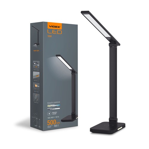 LED skrivbordslampa - trådlös laddning, svart, 230V, 700lm, 18W