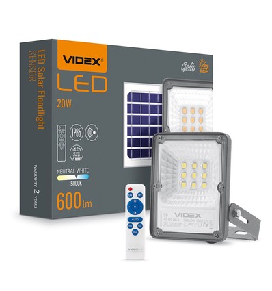 Gelio projektor 20W - LED, solcell, flood, sensor, neutralvit, ljusstyrka: 600