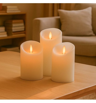 LED Blockljus, 3 st, Ø7,5 cm, rörlig låga, vit - Inkl. fjärrkontroll och timer, 10/15/20 cm hög, äkta stearin