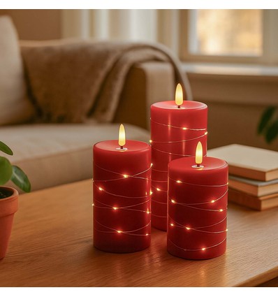 LED Blockljus 3 st set med ljusslinga, flameffekt - Ø7,5cm, 10/12,5/15cm hög, inkl. fjärrkontroll, timer, äkta stearin, Röd
