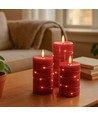 LED Blockljus 3 st set med ljusslinga, flameffekt - Ø7,5cm, 10/12,5/15cm hög, inkl. fjärrkontroll, timer, äkta stearin, Röd