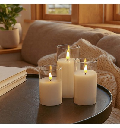 LED Blockljus set i glas Ø7,5cm, 3 st, flameffekt - Inkl. fjärrkontroll och timer, 10/12,5/15cm hög, äkta stearin