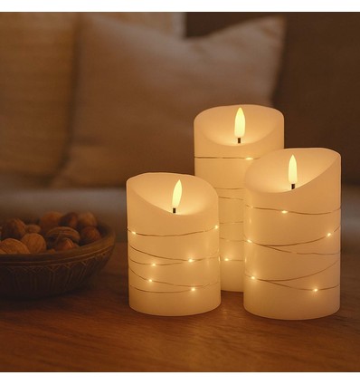 LED Blockljus 3 st set med ljusslinga, flameffekt - Ø7,5cm, 10/12,5/15cm hög, inkl. fjärrkontroll, timer, äkta stearin