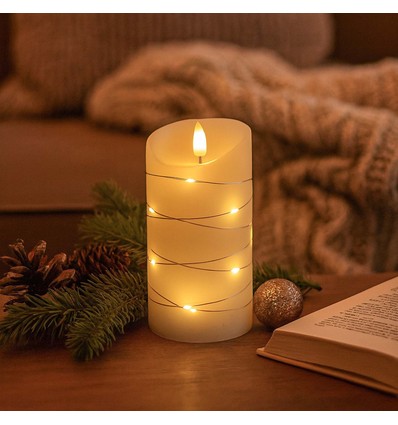 LED Blockljus med ljusslinga, 15 cm hög, flameffekt - Ø7,5 cm, 15 cm hög, fungerar m. fjärrkontroll, äkta stearin