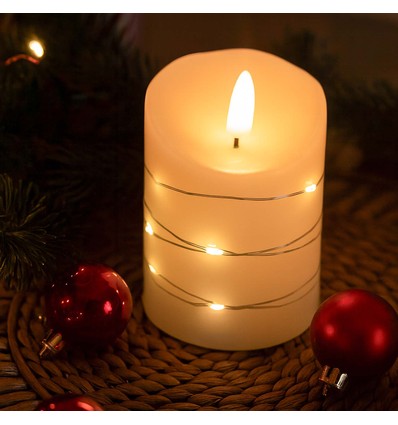 LED Blockljus med ljusslinga, 10cm hög, flameffekt - Ø7,5cm, 10cm hög, fungerar m. fjärrkontroll, äkta stearin