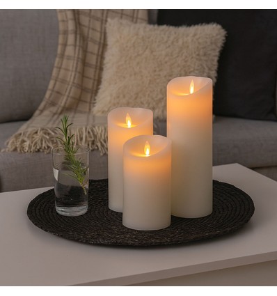 LED Blockljus XL, 3 st, Ø10cm, 17,5/22,5/30cm hög, rörlig låga, vit - Inkl. fjärrkontroll och timer, äkta stearin