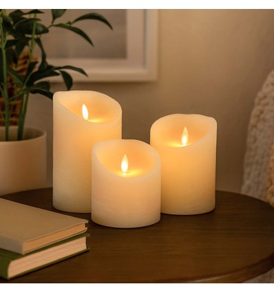 LED Blockljus, 3 st, rörlig låga, vit - Inkl. fjärrkontroll och timer, 10/12,5/15cm hög, Ø10cm, äkta stearin