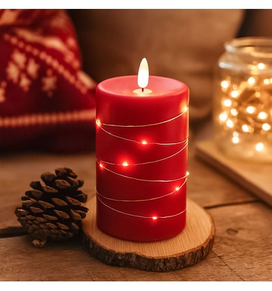 LED Blockljus med ljusslinga, 12,5 cm hög, flameffekt - Ø7,5 cm, 10 cm hög, fungerar med fjärrkontroll, äkta stearin, röd