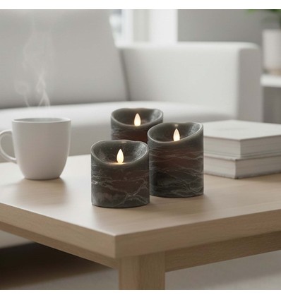 LED Blockljus, 3 st, rörlig låga, svart - Inkl. fjärrkontroll och timer, 10/12,5/15cm hög, Ø10cm, äkta stearin