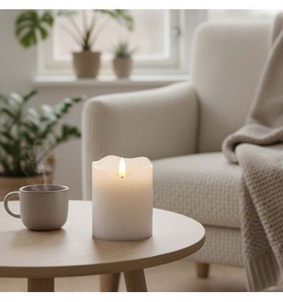 LED Blockljus 10 cm hög, flameffekt, vit - Ø7,5 cm, 10 cm hög, fungerar med fjärrkontroll, äkta stearin