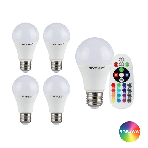 5 st. RGBW LED-lampa - 6W, Med RF-fjärrkontroll, E27