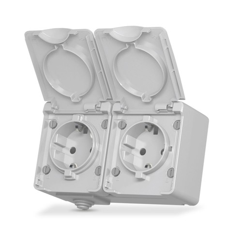 Utomhus dubbel Schuko-uttag - IP65, grå