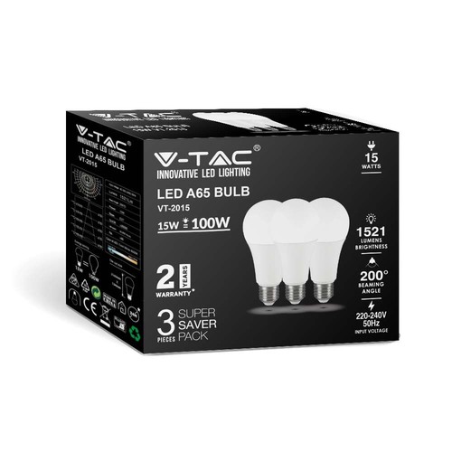 A65 VT-2015 LED 15W E27 - plastlampa, 6500K, 200°, 3 st./förpackning