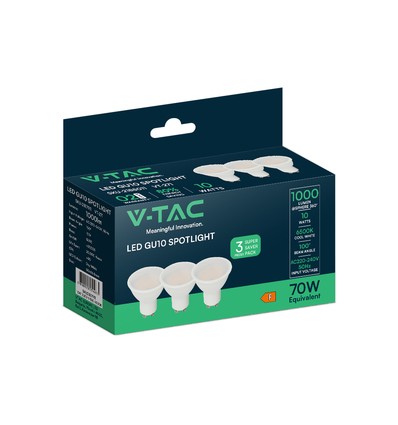 Vt-271 LED spotlight 10W GU10 - plast, med mjölkvit kåpa, 6500K, 3 st./förpackning