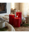 LED-blockljus Ø7,5cm, 3-pack, smält-look, flameffekt - Inkl. fjärrkontroll och timer, 10/12,5/15cm hög, äkta vax, bordeauxröd
