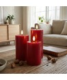 LED-blockljus Ø7,5cm, 3-pack, smält-look, flameffekt - Inkl. fjärrkontroll och timer, 10/12,5/15cm hög, äkta vax, bordeauxröd